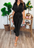 NEW Stunning BTFBM Women's Long Sleeve Lapel V Neck Button Down Black Dress Belted Elegant Ruched Spring Summer Maxi Shirt Dress - Size L - Retails $59+