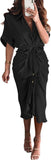 NEW Stunning BTFBM Women's Long Sleeve Lapel V Neck Button Down Black Dress Belted Elegant Ruched Spring Summer Maxi Shirt Dress - Size L - Retails $59+