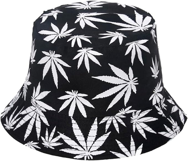 New Unisex Leaf Print Bucket Hat, Black & White, One Size