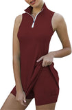 NEW Women 2 Piece Golf Tennis Dress Zipper Collar Workout Sleeveless Athletic Dress with Shorts and Pockets Sportswear Burgundy Sz XL