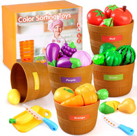 New in box! 27 PCS Kitchen Cutting Food Toy,Color Sorting Toy Set,Pretend Play Food Set for Toddlers,Cutting Vegetables and Fruits,Kitchen Playset with 5 Bushel Basket and Kitchen Accessories for Kids Ages 3+