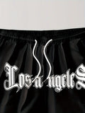 NEW Retails $46, Stylish Men's LOS ANGELES Alphabet Print Loose Fit Sports Shorts - Drawstring Waist, Side Pockets, Non-Stretch Polyester Fabric, Hand Washable, Perfect for Summer Basketball, Outdoor Sports, and Daily Casual Wear, Black, Sz L