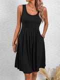 NEW Stylish Solid Color Crew Neck Tank Dress - Women's Casual Sleeveless Ruched Pockets Dress for Spring & Summer - Comfortable, Breathable, Easy to Wear, Black, Sz XL
