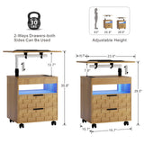NEW Assembled Multi-purpose Smart Modern Nightstand End Table with LED & Adjustable Height, 2-Drawer Rolling with swivel top, Charging Station, Wood