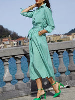 NEW Green Plaid Print Midi Dress, Elegant Button Front Long Sleeve Dress, Women's Clothing, Sz L, Retails $75