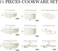 NEW CAROTE 11pcs Pots and Pans Set, Die Casting Nonstick Cookware Detachable/Removable Handle, Induction Kitchen Set, Oven Safe, Cream White, Stackable Space Saving Design! Retails $160+