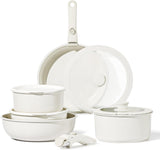 NEW CAROTE 11pcs Pots and Pans Set, Die Casting Nonstick Cookware Detachable/Removable Handle, Induction Kitchen Set, Oven Safe, Cream White, Stackable Space Saving Design! Retails $160+