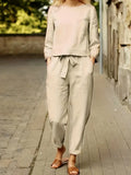 New Casual Solid Two-piece Set, Crew Neck Long Sleeve Top; Tie Front Pants Outfits, Women's Clothing Beige, Fits L-XL