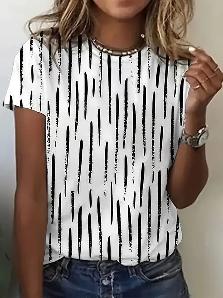 New Women's Short Sleeve Black & White Print Tee Sz M