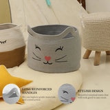 NEW Retails $47, Large Cat Face Cotton Rope Gift Wicker Basket Hamper Wicker for Toys Towels (Grey)