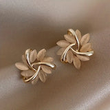 New 2pcs Rotating Flower Cat Eye Stone Stud Earrings Gold Plated!