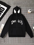NEW Unisex Spider Print Y2K Gothic Harajuku Fleece-Lined Hoodie with Drop Shoulder Long Sleeves, Loose Fit Knit Polyester Zip-Up Hooded Jacket with Geometric Pattern for Fall/Winter, Sz L