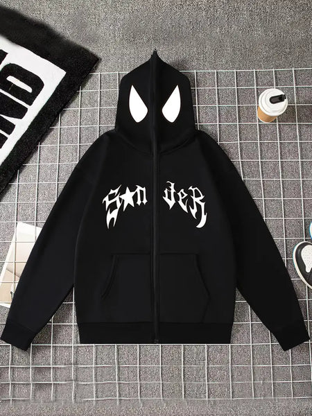 NEW Unisex Spider Print Y2K Gothic Harajuku Fleece-Lined Hoodie with Drop Shoulder Long Sleeves, Loose Fit Knit Polyester Zip-Up Hooded Jacket with Geometric Pattern for Fall/Winter, Sz L