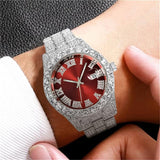New CdyBox Men Hip Hop Watch with Roman Scale Calendar Crystal Rhinestone Watches Stainless Steel Iced-Out Wrist Watch