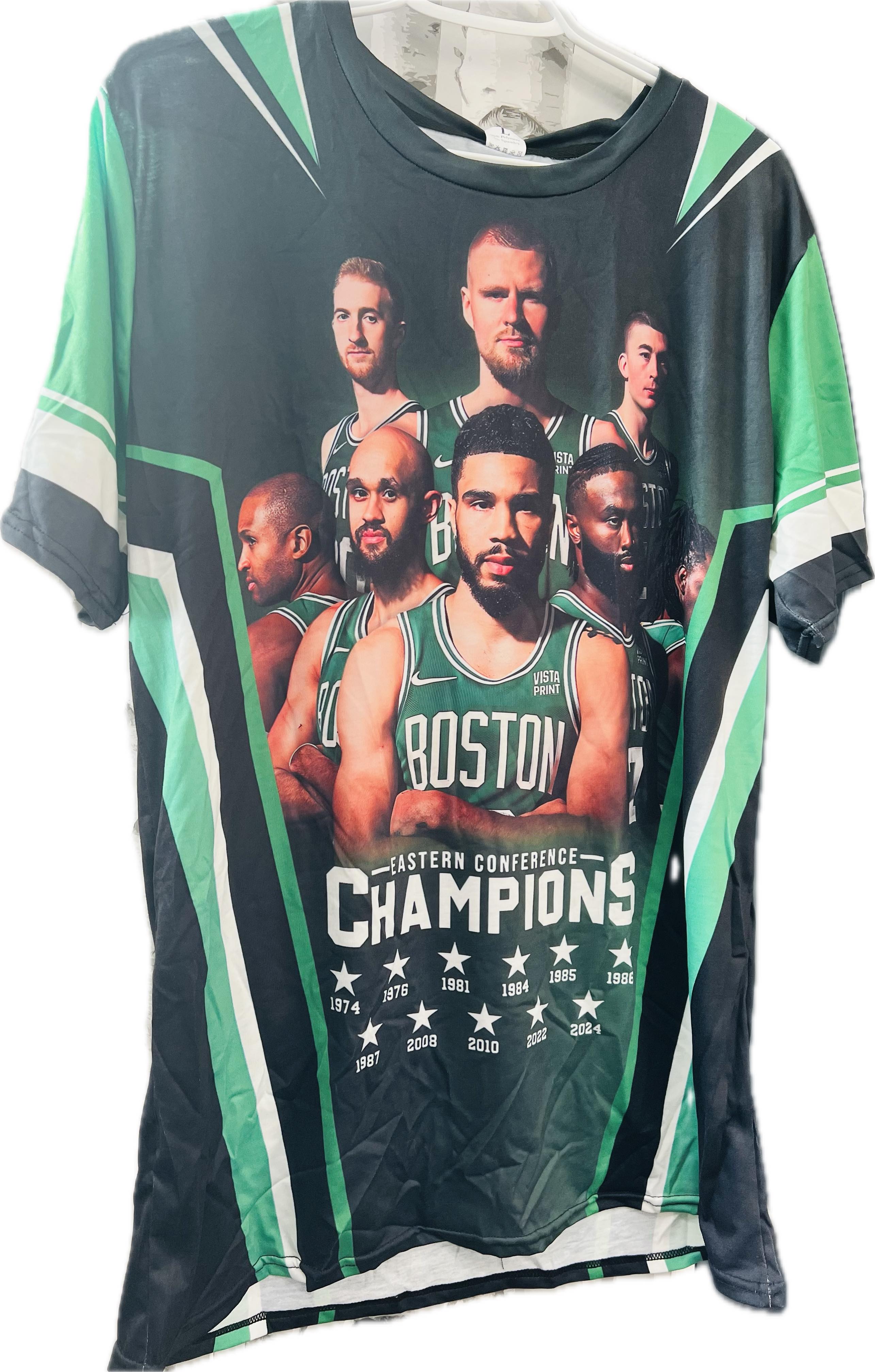 New Men's Boston Celtics Tee, Graphics front & Back Sz L