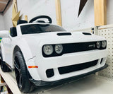 New Assembled, Track 7 Kids Ride on Car, Licensed Dodge Challenger SRT 12V Electric Car for Kids Age 3+, Remote Control, Music, White NOTE: small crack in front right fender shown in pics, was store display!