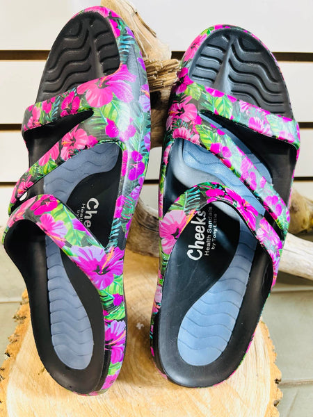 NEW Tony Little Cheeks Health Sandal Slides with Full Gel Footbed,  developed by fitness guru Tony Little to be the most comfortable support sandals in the world. Try them on and feel the difference! - Size 10 Floral