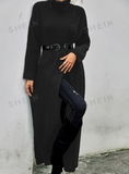 NEW SHEIN LUNE High Neck Drop Shoulder Split Hem Wrap Longline Sweater Without Belt, Black, Sz L