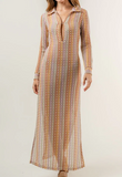 NEW Colorblock Crochet Coverup Knit Long Sleeve Maxi Dress, Sz S/M, Retails $80