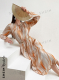 NEW SHEIN Modely Pleated Tie-Dye Ruffled Sleeves Metallic Belt Dress, Orange, Sz M