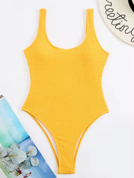 NEW Women One Piece Swimsuit Solid Ribbed Backless Bathing Suit Sexy Monokini Summer Beachwear, Yellow, Sz S