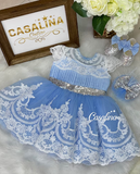 NEW Ada Aziza Melody Dress Blue White with hair bow, Blue White Sequined Baby Girl Dress With White Lace, Blue White Flower Girl Dress, Toddler Dress, Puffy Dress, Sz 2-4 Yrs, Retails $140