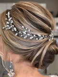 NEW 1pc Crystal & Silver Leaf Shaped Hair Accessories With Rhinestone Decoration