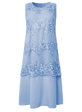 NEW Women's 2 Piece Dress Set Lace Midi Light Blue Half Sleeve Floral Embroidered Layered Crew Neck Elegant - Size 2XL