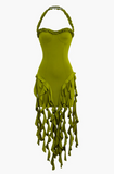 NEW Micas Ruffle Tassel Halter Bustier Mini Dress, Green, Sz S, Retails $54