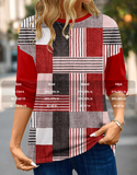 NEW Wine Red Patchwork Geometric Print Long Sleeve T Shirt, Sz XXL