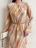 NEW SHEIN Modely Pleated Tie-Dye Ruffled Sleeves Metallic Belt Dress, Orange, Sz M