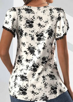 NEW ROTITA Ruched Random Floral Print Black V Neck T Shirt, Sz XL, Retails $66