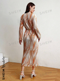 NEW SHEIN Modely Pleated Tie-Dye Ruffled Sleeves Metallic Belt Dress, Orange, Sz M