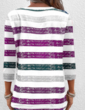 NEW Dark Purple Button Multi Stripe Print T Shirt, Sz L