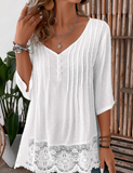 NEW MODLILY DESIGN White Patchwork 3/4 Sleeve V Neck Blouse, Sz L, Retails $77