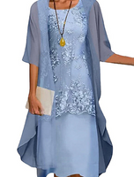 NEW Women's 2 Piece Dress Set Lace Midi Light Blue Half Sleeve Floral Embroidered Layered Crew Neck Elegant - Size 2XL