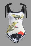 NEW Chinoserie Pattern Knot Bodysuit And Skirt Swimsuit Set, Sz XL, Retails $55