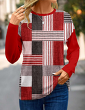 NEW Wine Red Patchwork Geometric Print Long Sleeve T Shirt, Sz XXL