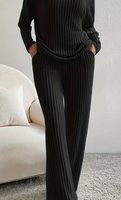 NEW Casual Ribbed Knit Two-piece Set, Long Sleeve Round Neck Top & Loose Pants Outfit, Sz S Black! Retails $89 (Note: top is round neck NOT V neck)