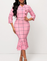 NEW Women's Pink Plaid Belted Button Mermaid Dress, Sz L