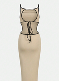 NEW SHEIN Privé Women's Ribbed Knit Backless Colorblock Cami Dress With Lace-Up Detail, Sz S