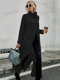 NEW SHEIN LUNE High Neck Drop Shoulder Split Hem Wrap Longline Sweater Without Belt, Black, Sz L