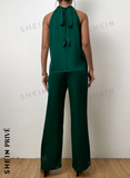 NEW SHEIN Privé Solid Halter Top & Wide Leg Pants, Dark Green, Sz M! Stunning silk like fabric in a trending colour!