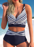 NEW Retails $80, MODLILY® Surplice High Waisted Striped Navy Bikini Set, Sz XL