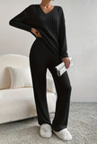 NEW Casual Ribbed Knit Two-piece Set, Long Sleeve Round Neck Top & Loose Pants Outfit, Sz S Black! Retails $89 (Note: top is round neck NOT V neck)