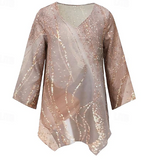 NEW Women's Shirt Tunic Blouse Floral Graphic Print Asymmetric Streetwear Casual Long Sleeve V Neck Gold marble print Spring Fall, Sz M