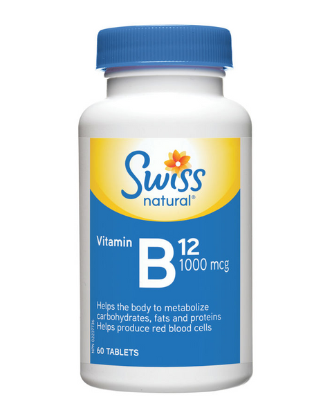 NEW Swiss Vitamin B12 1000 mcg, metabolizing fats, carbohydrates, and proteins for energy production (60 tablets)