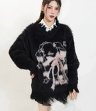 NEW Women's Ultra Soft & Fluffy Sweater, Dog design with Bow! Black Sz L, Retails $108