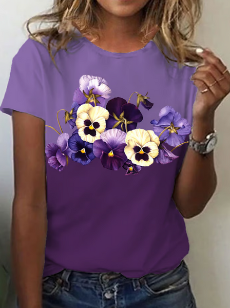 NEW Women's Purple Floral Print T-Shirt, Purple, Sz L