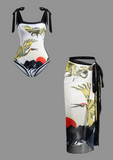 NEW Chinoserie Pattern Knot Bodysuit And Skirt Swimsuit Set, Sz XL, Retails $55
